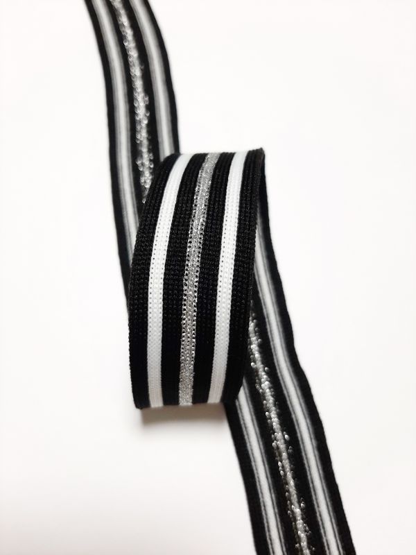 Тасьма-лампас трикотаж 2,5см 7смужок чорний+білий+срібло