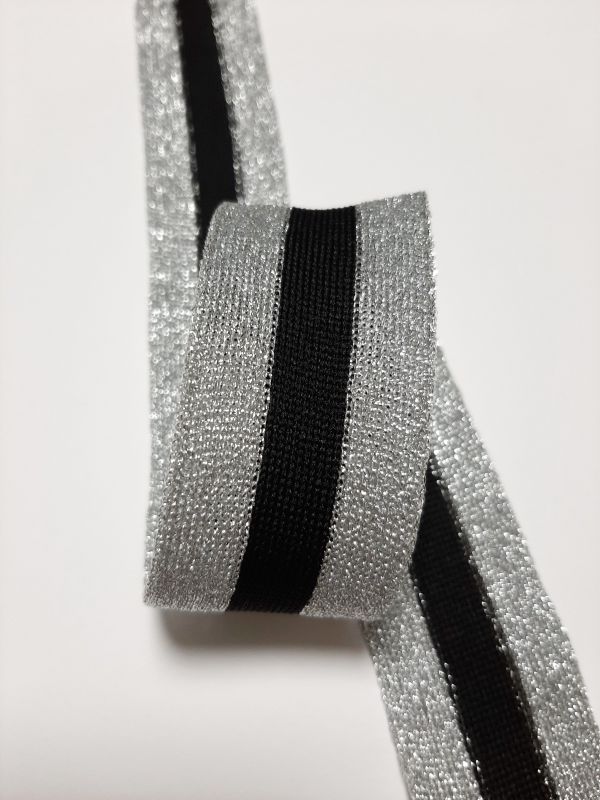 Тасьма-лампас трикотаж 3,5см в смужку срібло+чорн+срібло 70а