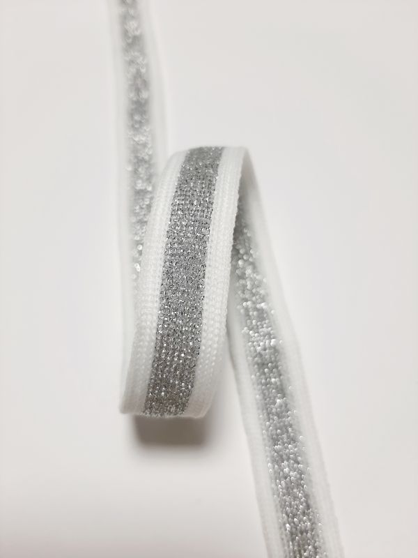 Тасьма-лампас трикотаж 15мм в смужку білий+срібло+білий