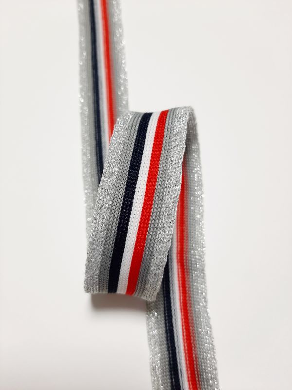Тасьма-лампас трикотаж 2,5см в смужку 7смужок срібло+сір+син+біл+черв+сір+срібло
