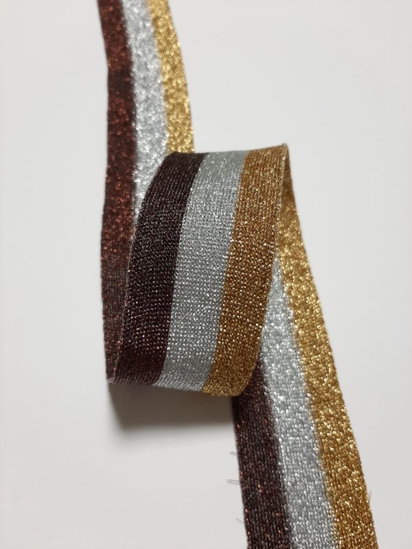 Тасьма-лампас трикотаж 4см в смужку люрекс коричневий+золото+срібло 75а