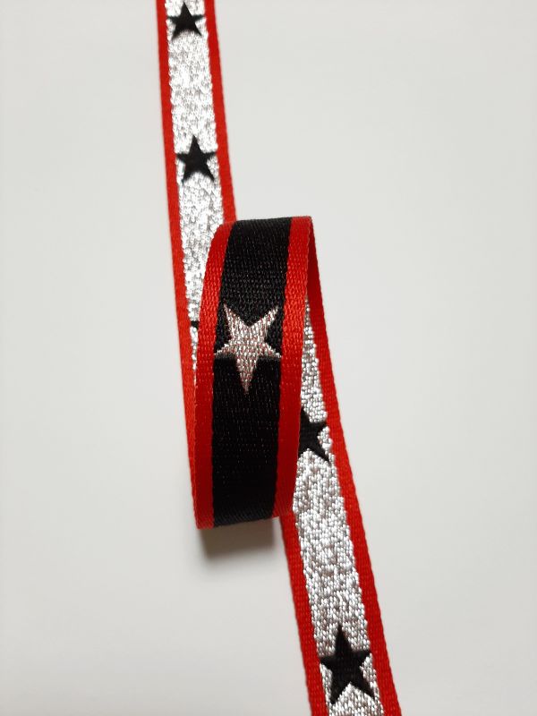Тесьма-лампас 2см в полоску черн+красн+Звезда серебро 50я репс