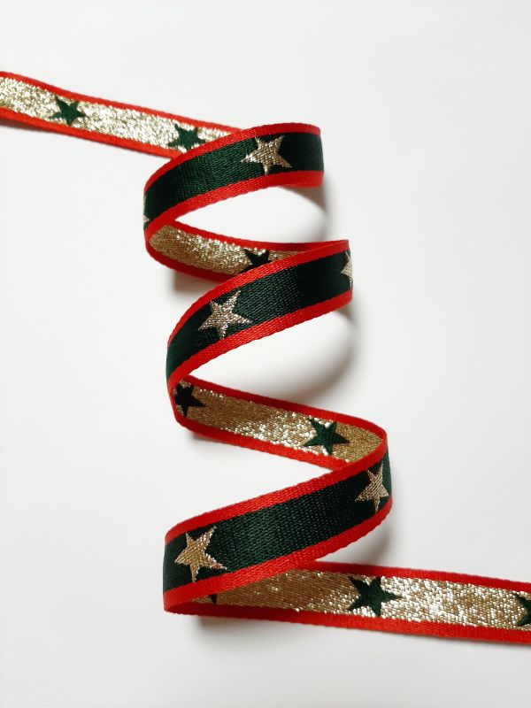 Тасьма-лампас 2см в смужку червон+зел+З зірки золото 50а репс