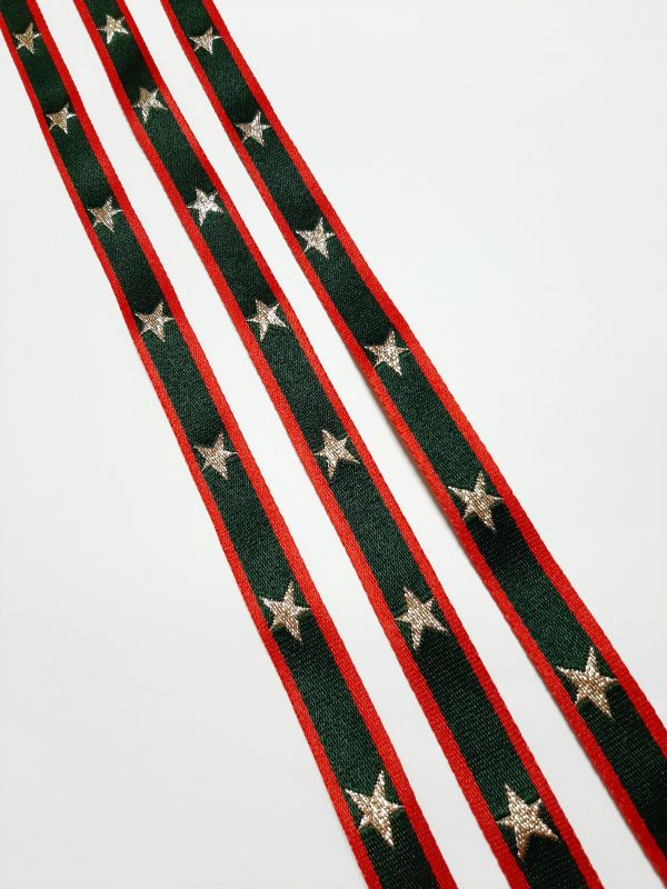 Тасьма-лампас 2см в смужку червон+зел+З зірки золото 50а репс