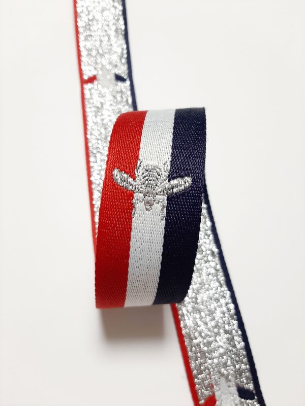 тесьма репсовая Декор 30мм в полоску красн+бел+синий+Муха серебро люрекс 50м