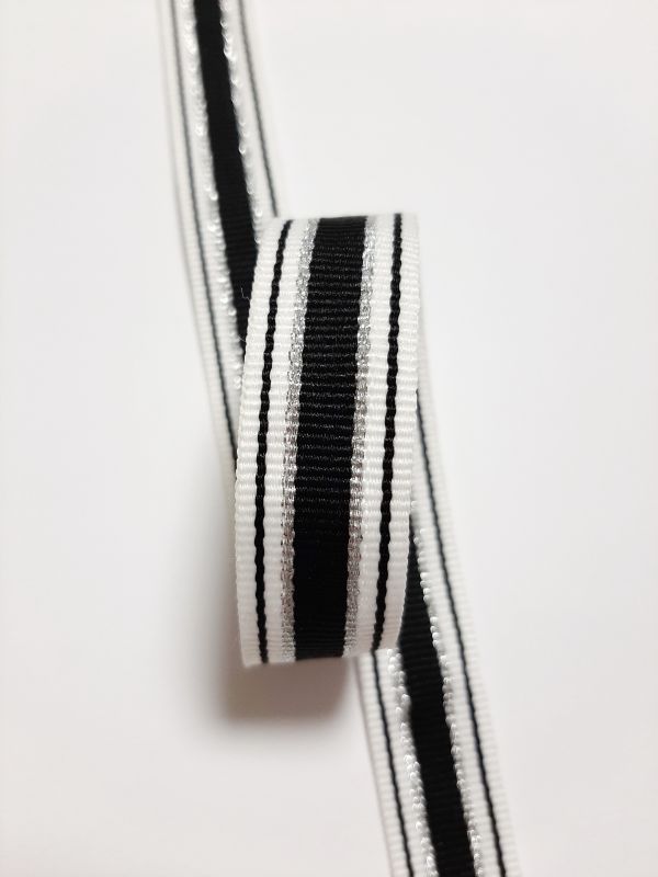 Тесьма-лампас 2см в полоску бел+черн+серебро 50я репс