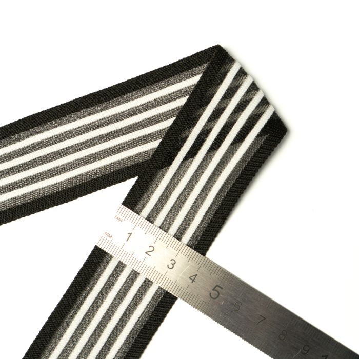 Тасьма-лампас трикотаж 4 см у смужку 9 смужок чорний+білий 75я