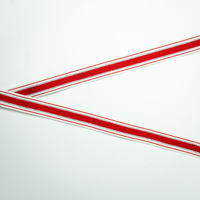 Тасьма-лампас 2 см у смужку білий+червоний+срібло 50я репс